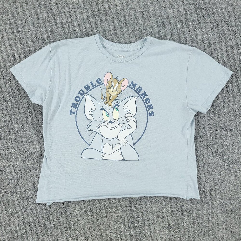 Tom And Jerry Shirt Women's Medium Blue Troublemakers Crop Graphic Short Sleeve